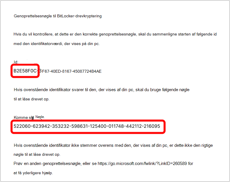 Skærmbillede af udskriften af BitLocker-genoprettelsesnøglen.