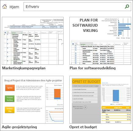 Skærmbillede af projektplanlægningsskabeloner i kategorien Virksomheder.