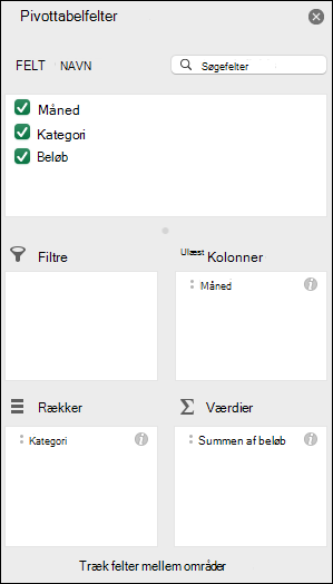 Eksempel på listedialogboksen Pivottabelfelter i Excel