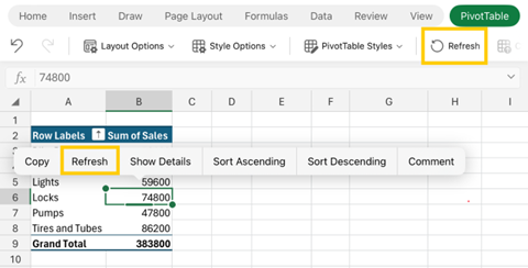 Skærmbillede af opdatering af pivottabel i Excel til iPad