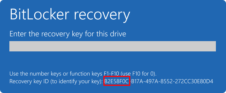 Screenshot des BitLocker-Wiederherstellungsbildschirms mit hervorgehobener Schlüssel-ID