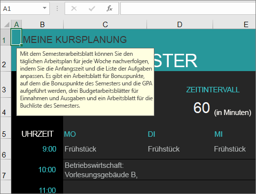 Neue Excel-Vorlage für Studienkurs-Manager mit Beschreibungen für Elemente.