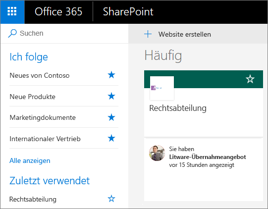 Screenshot der SharePoint-Startseite, Modus "Modern"