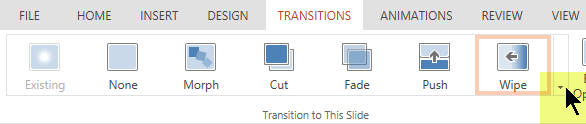 To open the complete gallery of Transition options, click the downward pointing arrow at the right end.