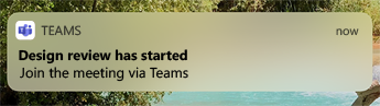 A mobile notification that Design review has started with the option to Join the meeting via Teams.