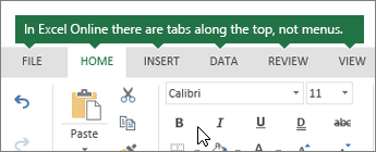 Home, Insert, Data, View tabs in Excel for the web