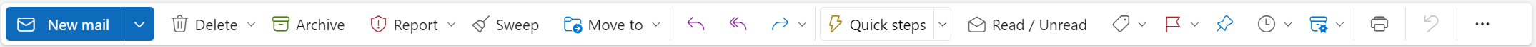 Use the command bar above the reading pane to perform common actions such as deleting, archiving, sweeping, moving emails, or categorizing.