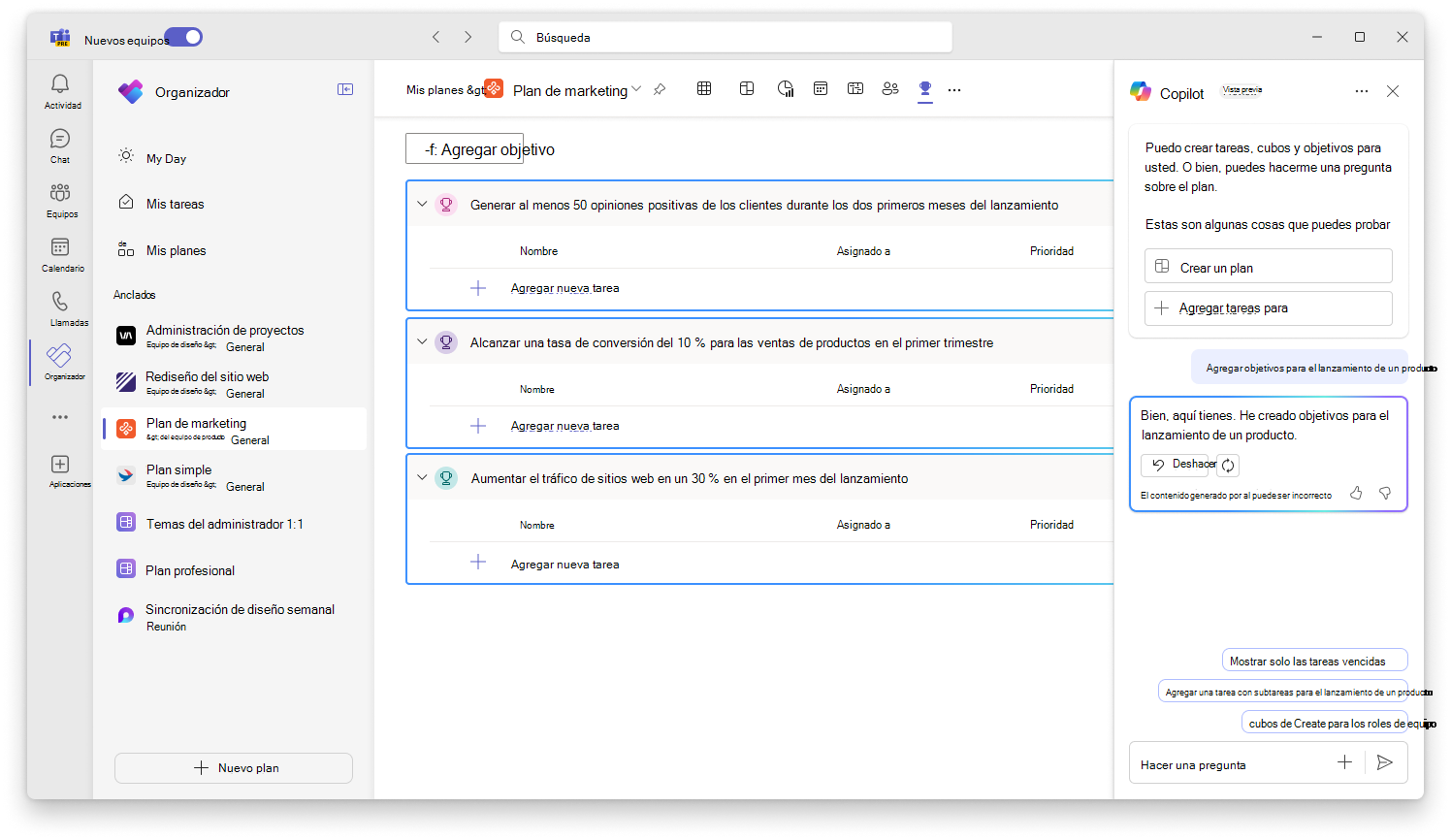 La captura de pantalla muestra la interfaz de usuario de Copilot en Planner creando objetivos.
