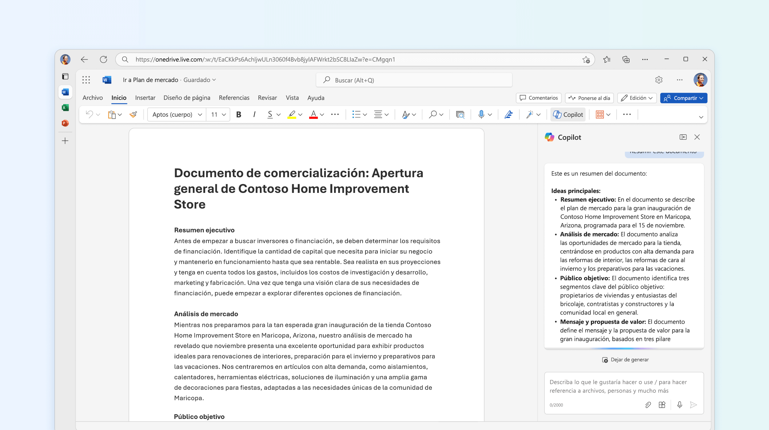 Captura de pantalla que muestra a Copilot en Word haciendo un resumen del documento.