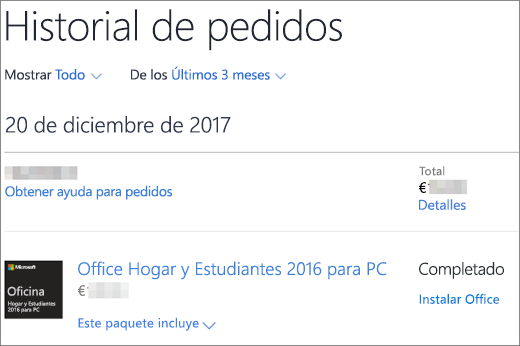 Muestra la página Historial de pedidos en Microsoft Store.