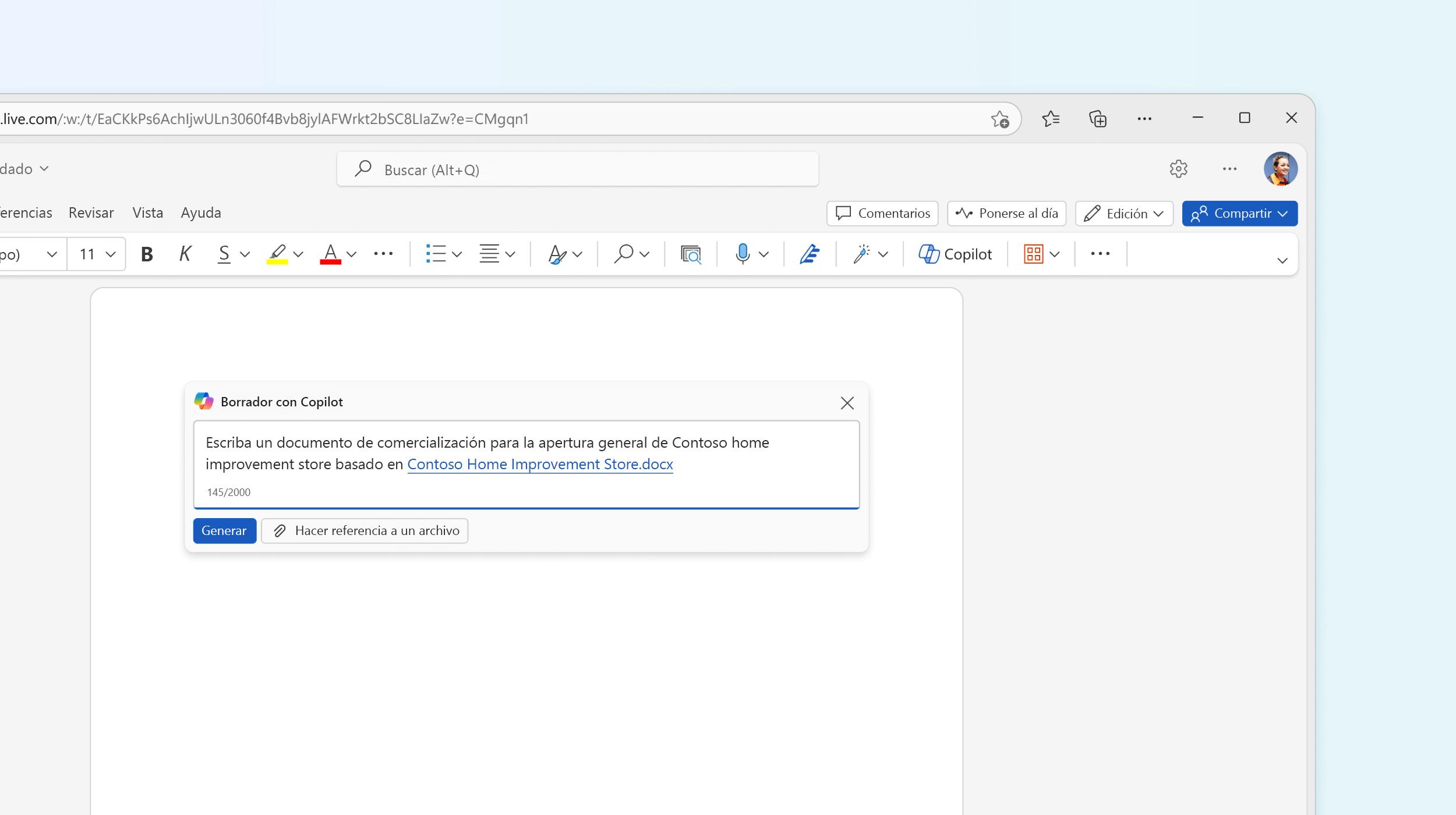 Captura de pantalla que muestra Borrador con Copilot en Word.