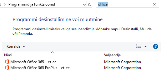 Kuvab juhtpaneelis kahte installitud Office'i koopiat