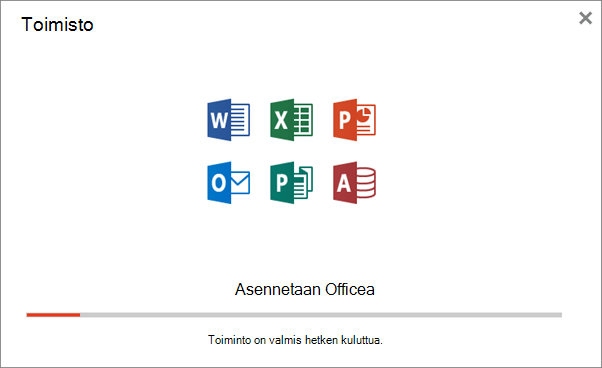 Näyttää edistymisen valintaikkunan, joka tulee näkyviin, kun Officea asennetaan