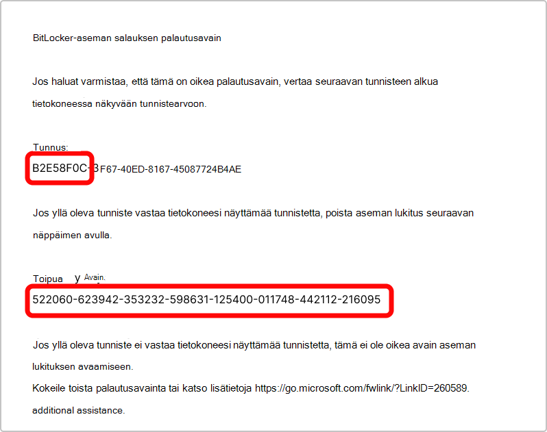 Näyttökuva BitLocker-palautusavaimen tulosteesta.