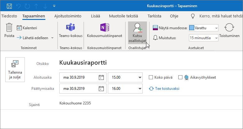 Tapaamisen ajoittaminen Outlookissa