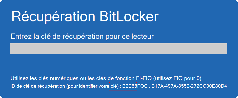 Capture d’écran de l’écran de récupération BitLocker mettant en évidence l’ID de clé.