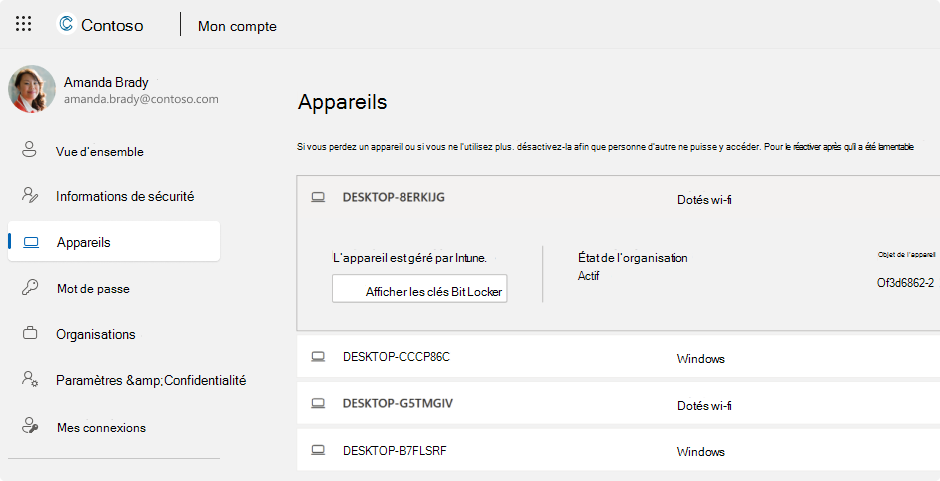 Capture d’écran des clés de récupération BitLocker pour un compte professionnel ou scolaire.