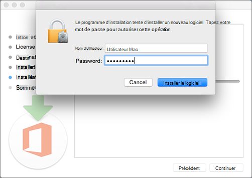 Entrez votre mot de passe d’administrateur pour commencer l’installation