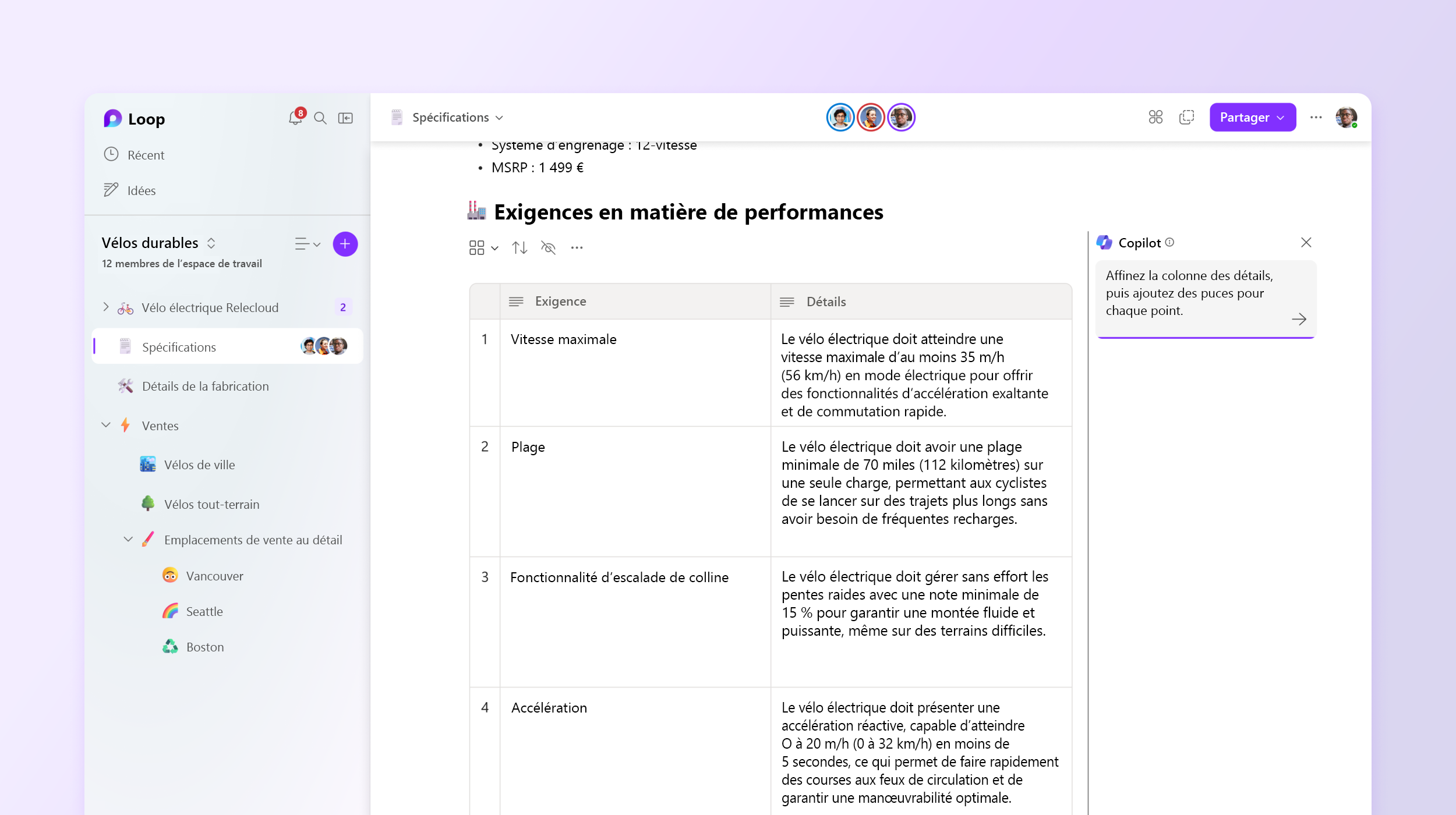 Capture d’écran montrant Copilot dans Loop modifiant les détails.