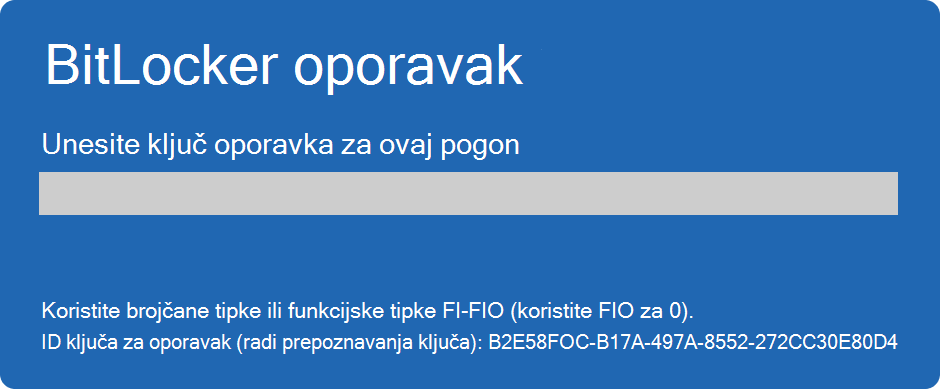 Snimka zaslona oporavka značajke BitLocker.