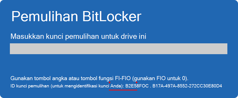 Cuplikan layar layar pemulihan BitLocker menyoroti ID kunci.