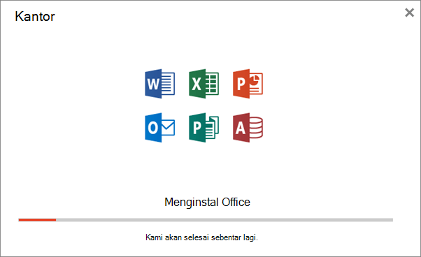 Memperlihatkan kotak dialog kemajuan yang muncul ketika Office sedang diinstal