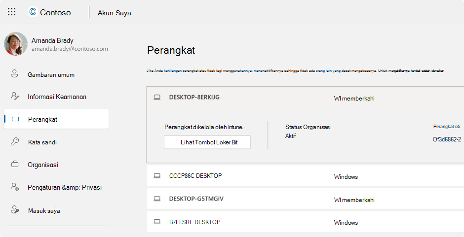 Cuplikan layar kunci pemulihan BitLocker untuk akun kerja atau sekolah.