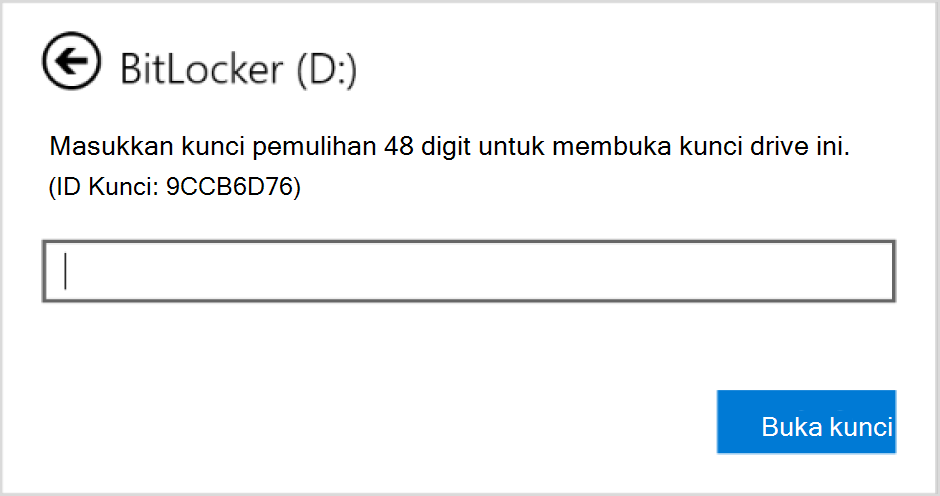 Cuplikan layar kotak dialog untuk memasukkan pemulihan BitLocker untuk drive data.