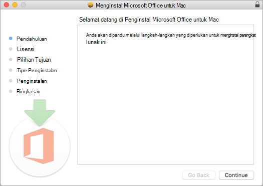 Layar penginstalan pertama Mac 2016 dengan "Lanjutkan" disorot