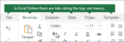 Beranda, sisipkan, data, tab tampilan di Excel untuk web