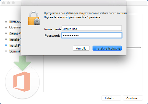 Immettere la password di amministratore per iniziare l'installazione