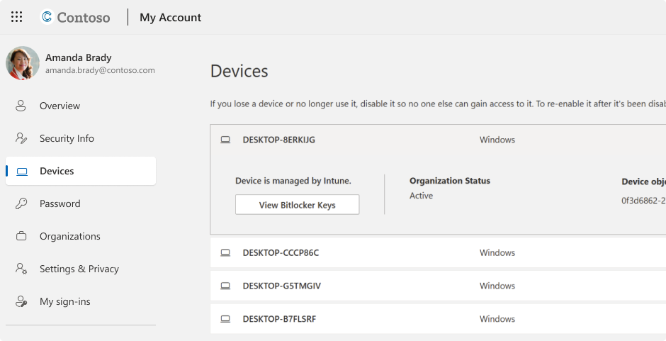 職場または学校アカウントの BitLocker 回復キーのスクリーンショット。