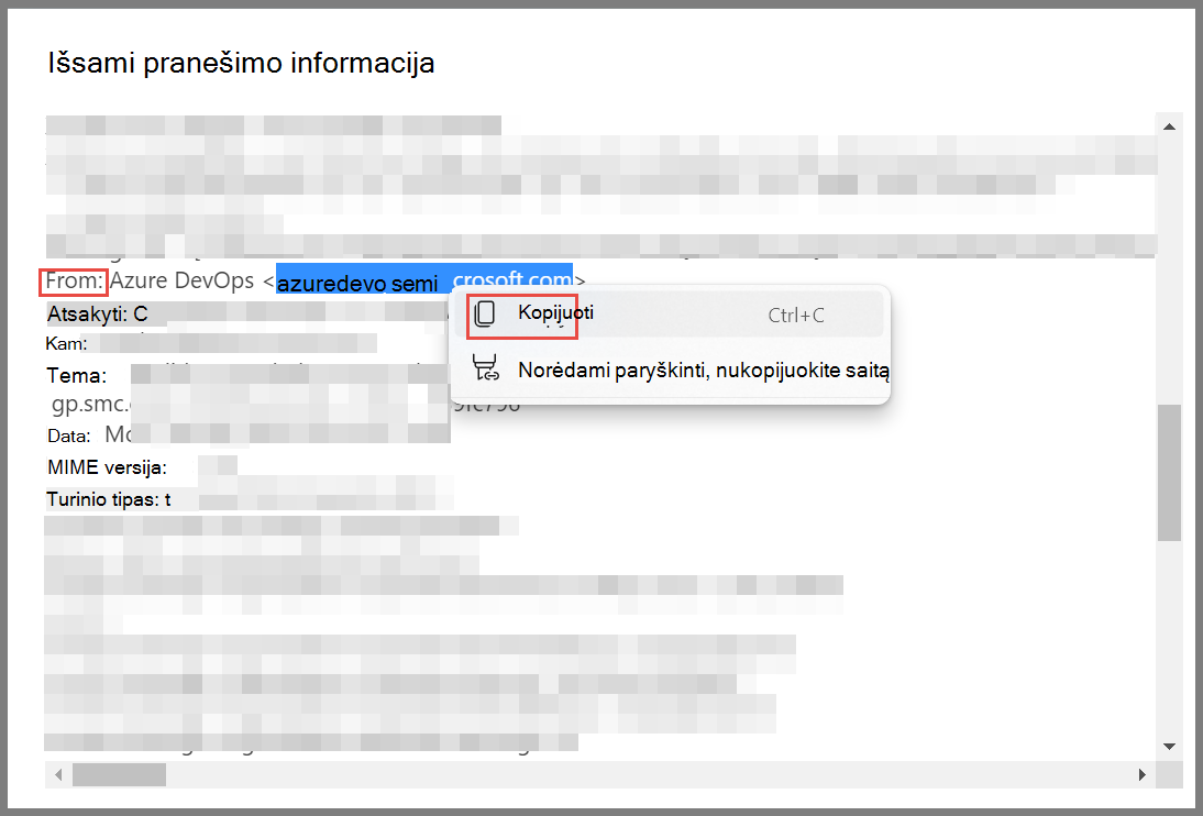 Naujas "Outlook" pranešimo antraštės langas