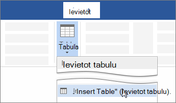 Word lentes opcija Ievietot tabulu