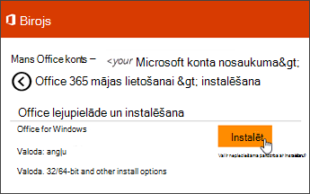 Ekrānuzņēmums, kurā redzama lapa Instalēt sadaļā Mans konts