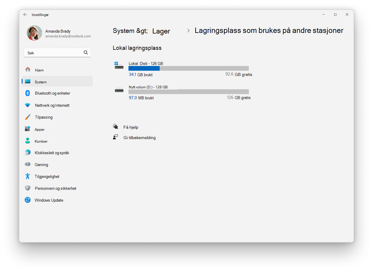 Skjermbilde av Innstillinger – System – Lagring.