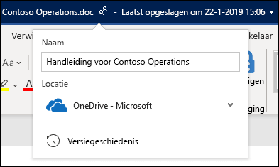 De vervolgkeuzelijst van de documenttitel in Word voor Office 365