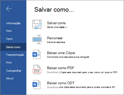 Word para a Web - Salvar opções