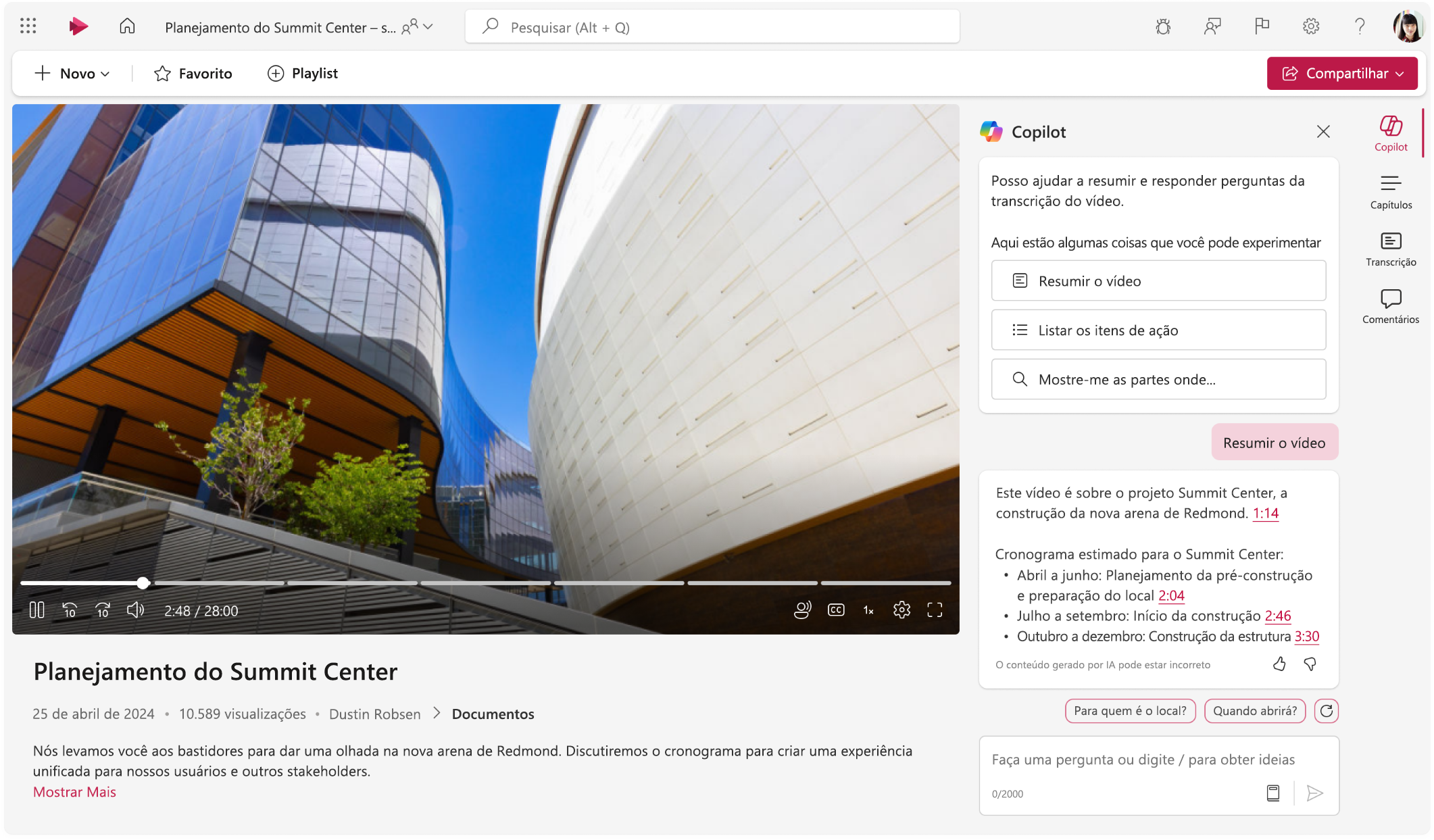 Captura de tela mostrando o player de vídeo do Microsoft Stream com o painel do Copilot.