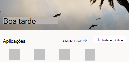 Captura de ecrã a mostrar a home page do Office.com após iniciar sessão