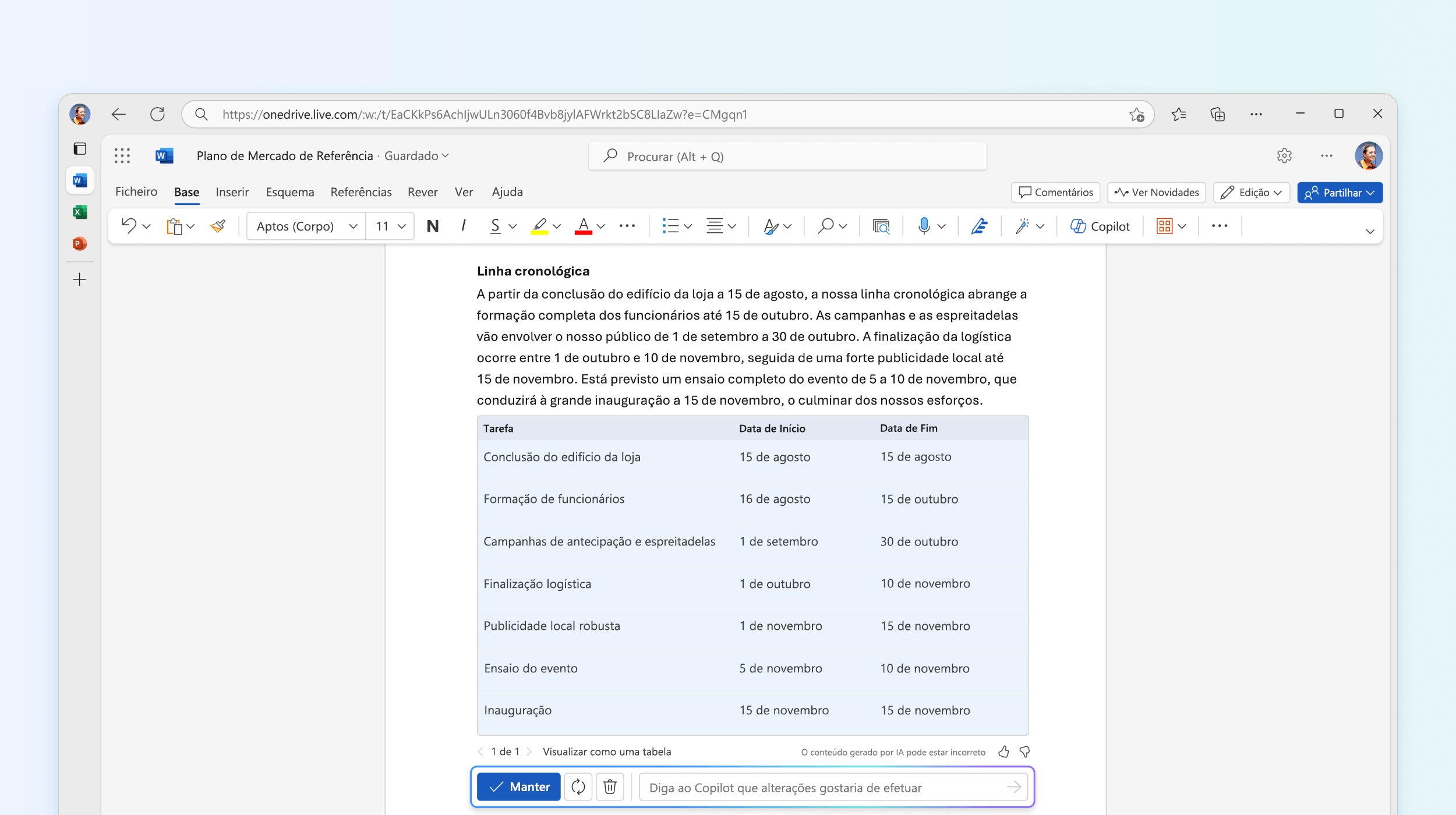 Captura de ecrã de texto para tabela no Copilot no Word