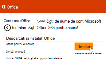 Captură de ecran a paginii de instalare din Contul meu