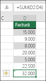 Excel afișează o eroare atunci când o formulă omite celule dintr-o zonă