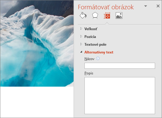Pôvodný obrázok ľadovcového jazera s dialógovým oknom Formátovanie obrázka bez alternatívneho textu v okne Popis.