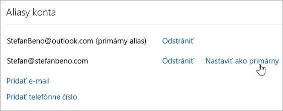Snímka obrazovky zobrazujúca tlačidlo Nastaviť ako primárny