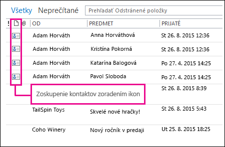 Zoradenie podľa ikon na zoskupenie kontaktov v priečinku Odstránené položky