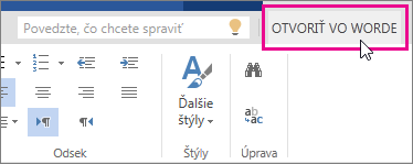 Položka Otvoriť vo Worde zo zobrazenia na úpravy vo Worde Online