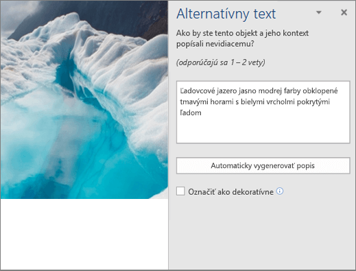 Nové dialógové okno Alternatívny text so zobrazením automatického vygenerovaného alternatívneho textu vo Worde