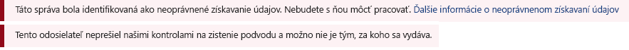 Snímka obrazovky červeného bezpečnostného pruhu v správe v Outlooku.