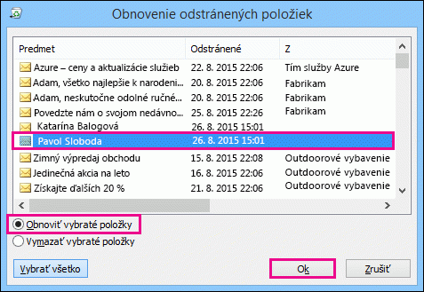 Výber kontaktu na obnovenie a kliknutie na položku OK